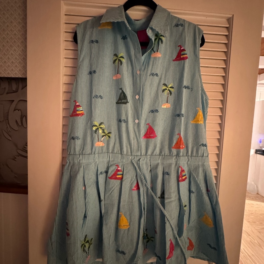 QUEEN OF SPARKLES Stripe Sail Boat & Palm Tree Icon Cotton Collar Tie Dress